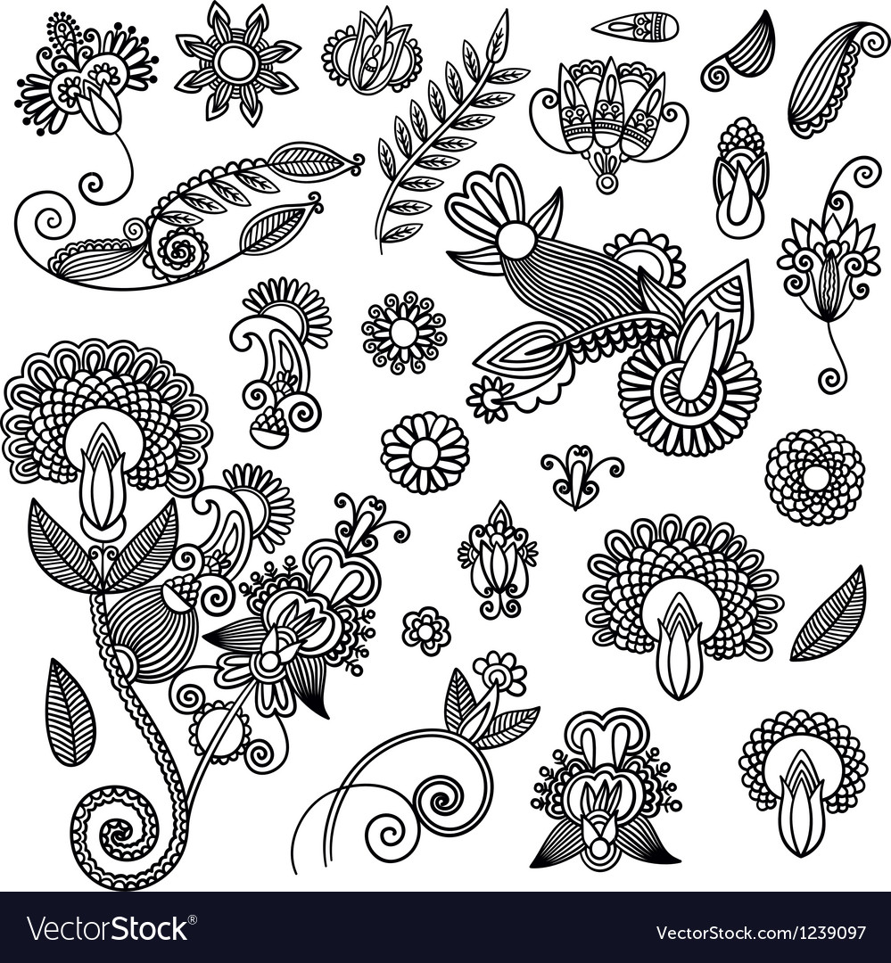 Set of hand draw black flower design Royalty Free Vector