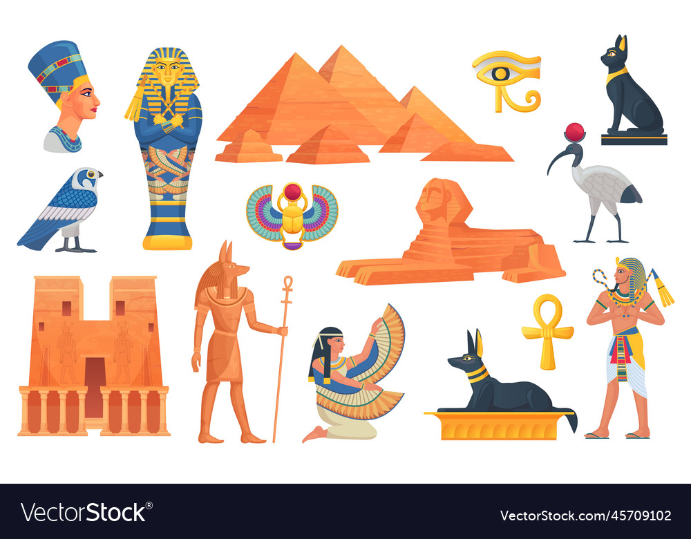 Cartoon egyptian elements ancient egypt statue Vector Image