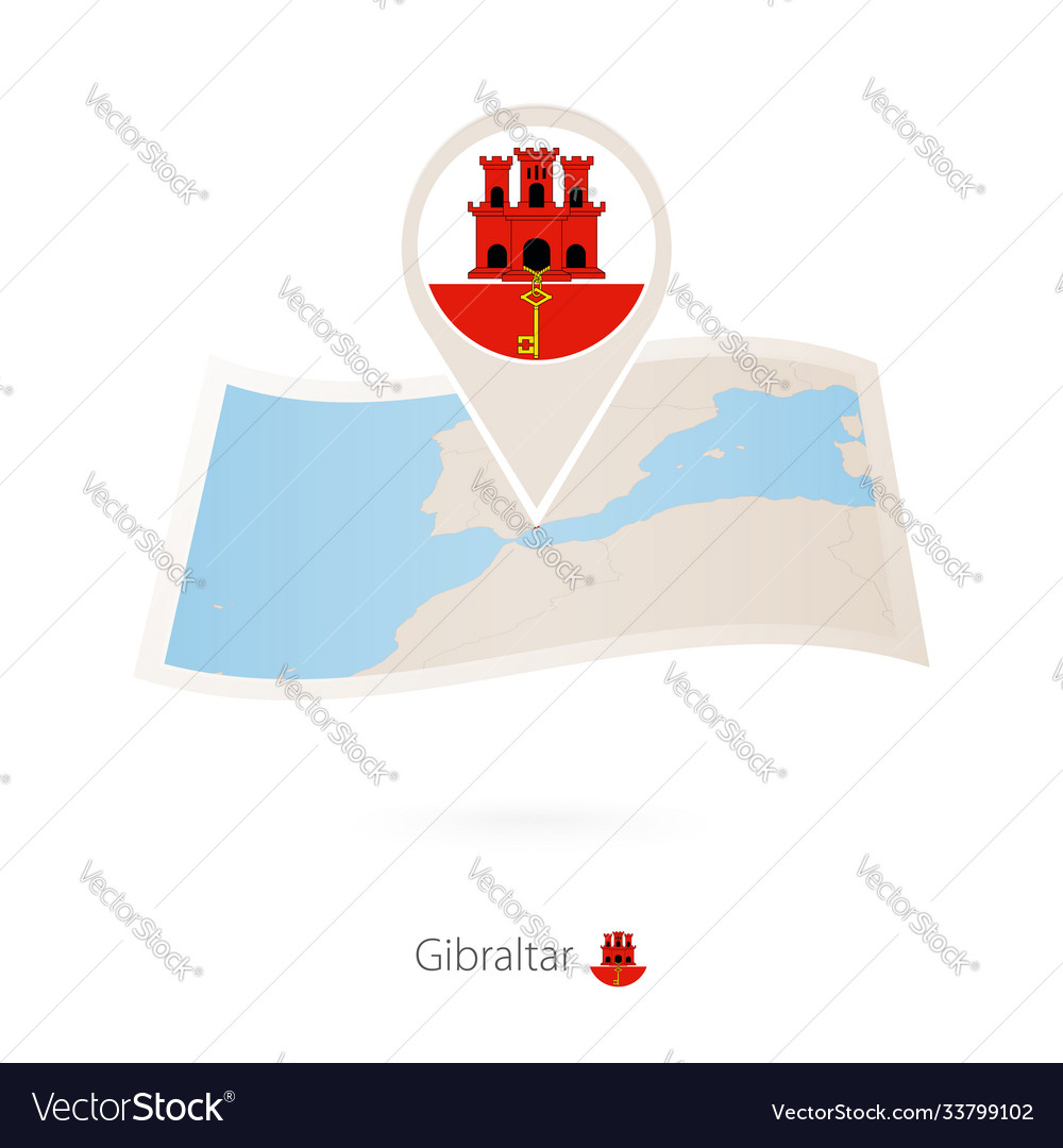 Folded paper map gibraltar with flag pin