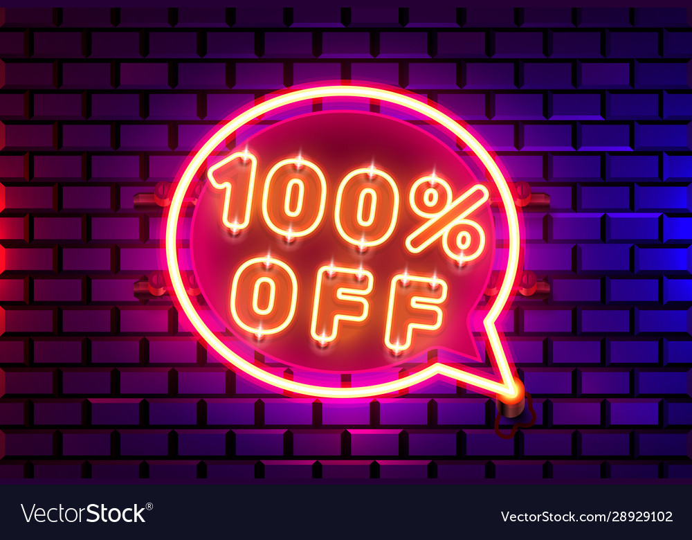 Neon chat frame 100 off text banner night sign