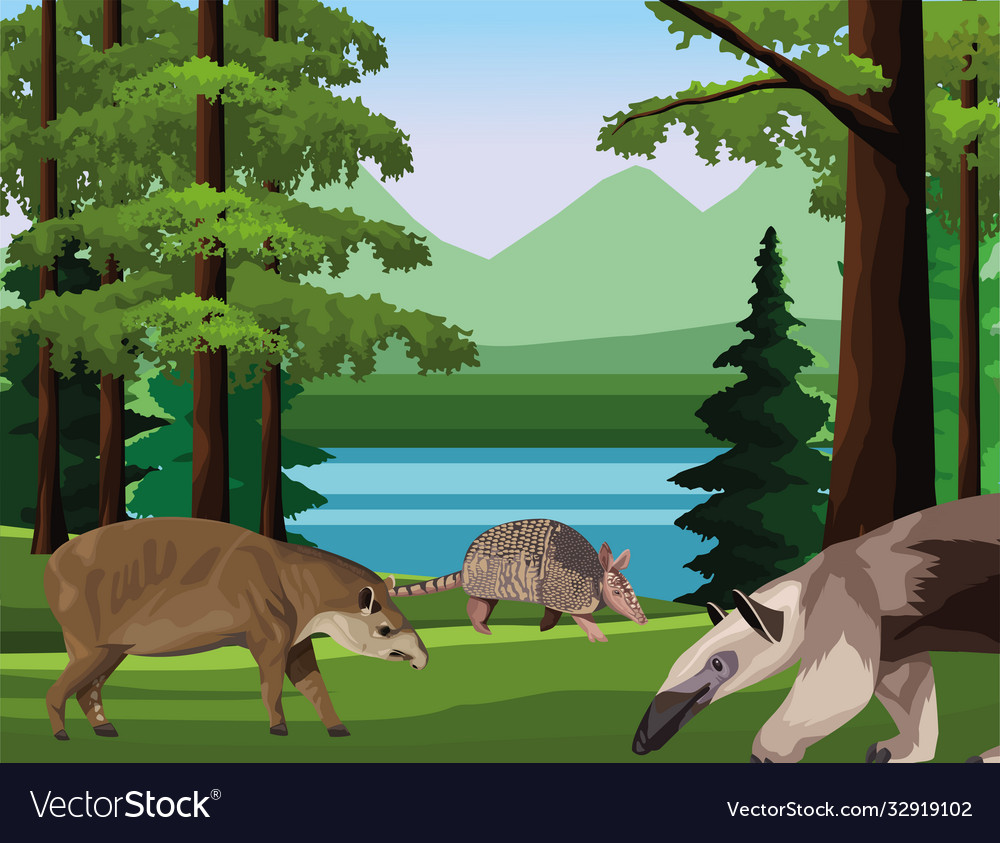 Wild anteater with armadillo and tapir animals
