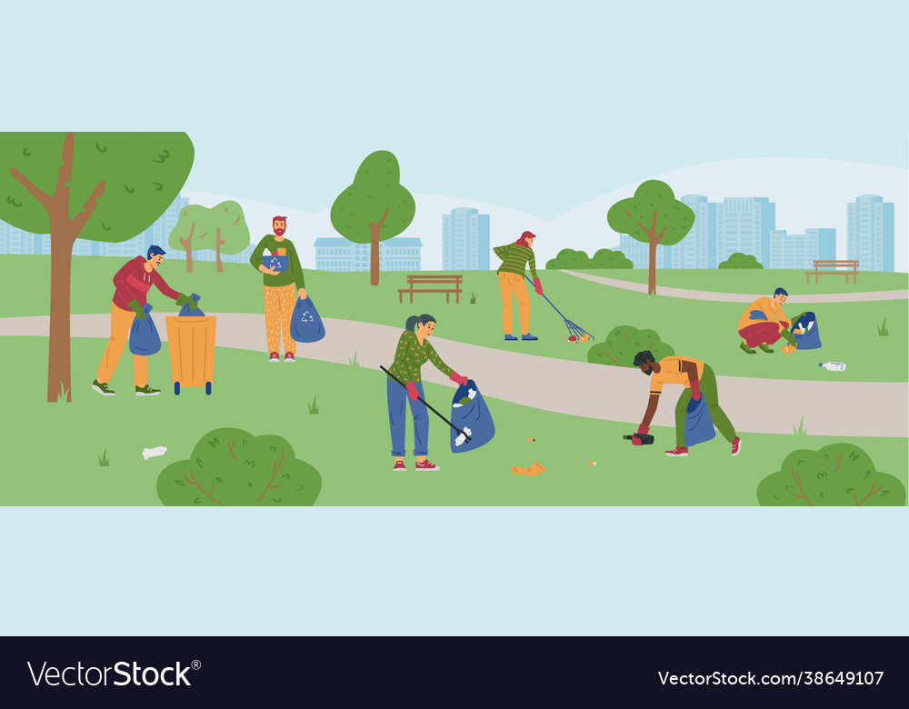 Banner with young people who clean up trash Vector Image