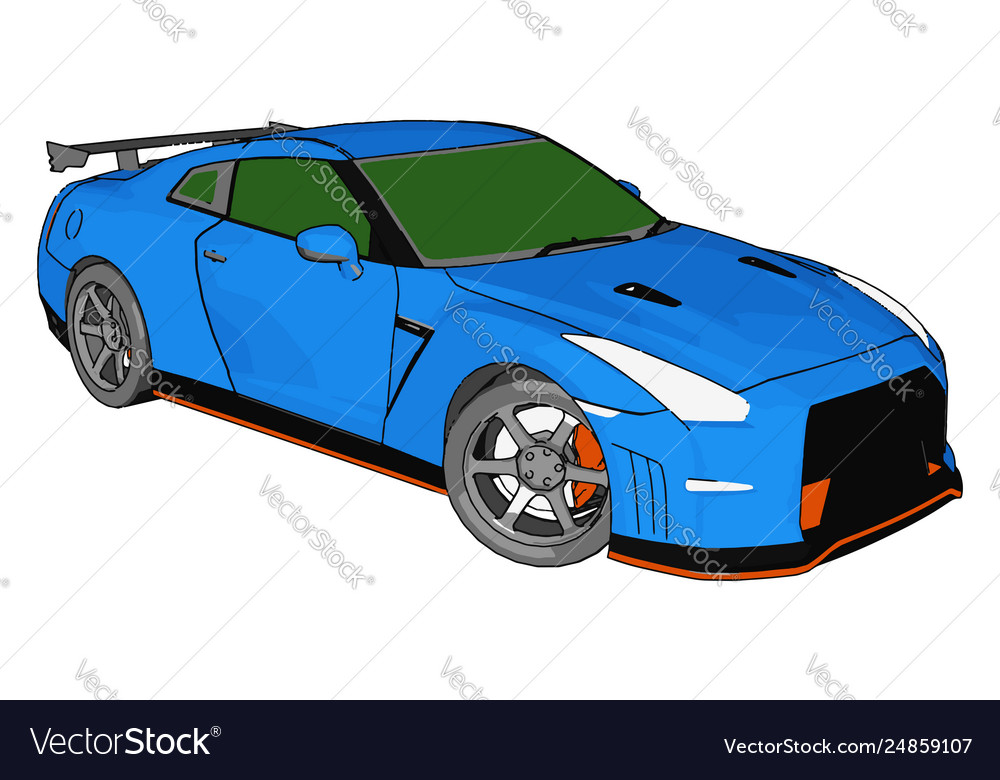 Blue race car with green windows and orange