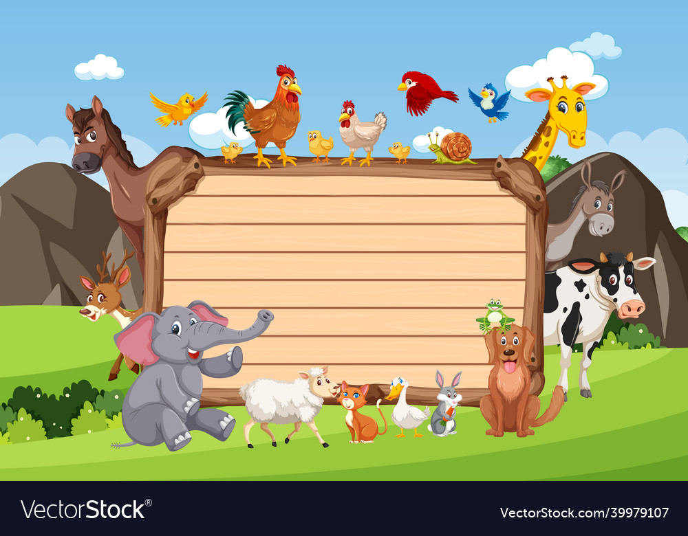 Empty wooden board with various wild animals