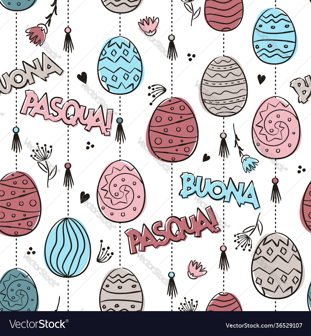 Hand-drawn pattern with easter eggs and flowers