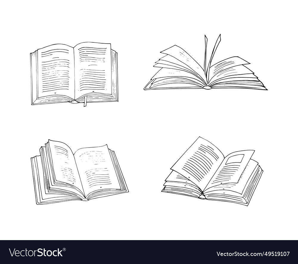 Hand-drawn various book set opened books Vector Image