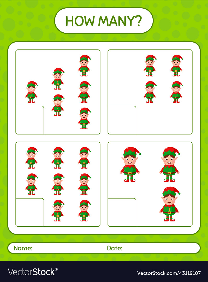 How many counting game with elf worksheet Vector Image How many counting game with elf worksheet