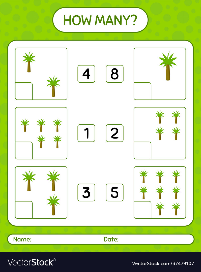 How many counting game with palm tree worksheet vector image How many counting game with palm tree worksheet