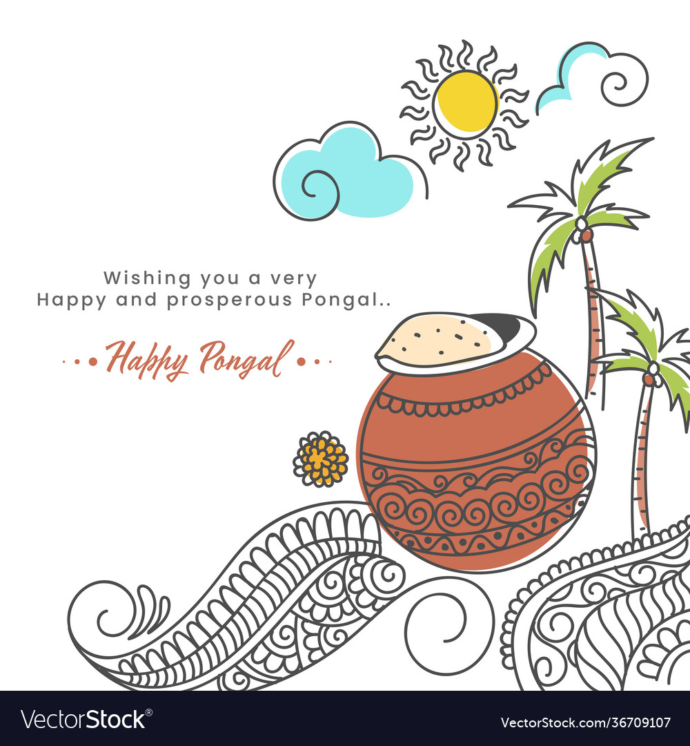 Pongali rice in mud pot coconut trees floral Vector Image