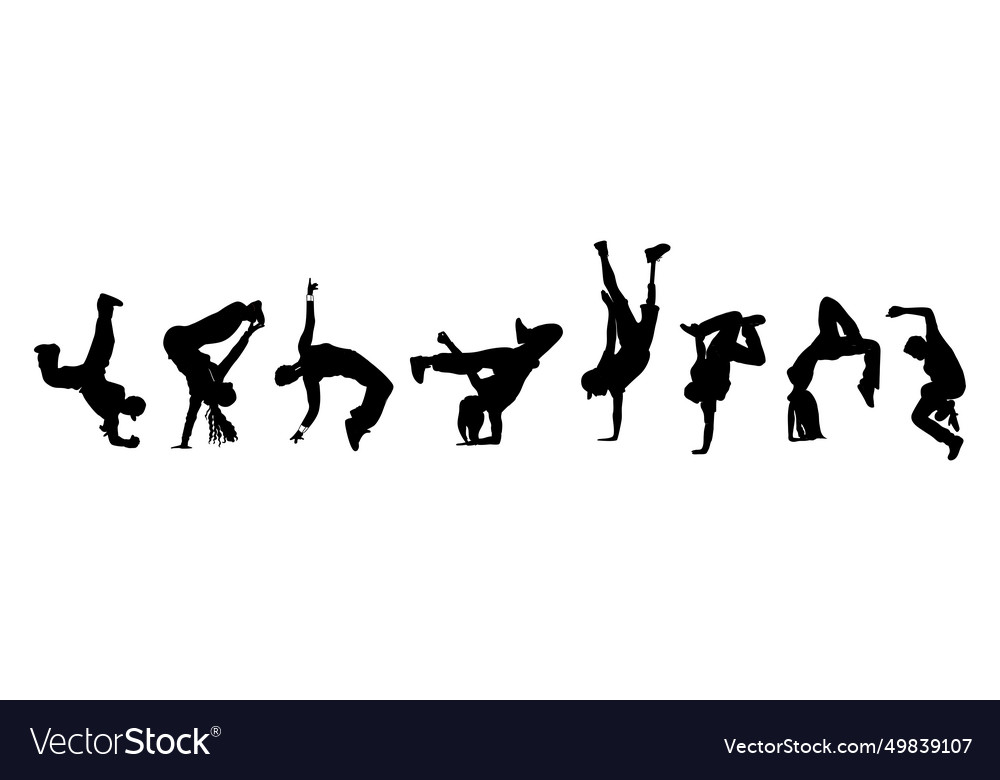 Silhouettes of different men women break dancers