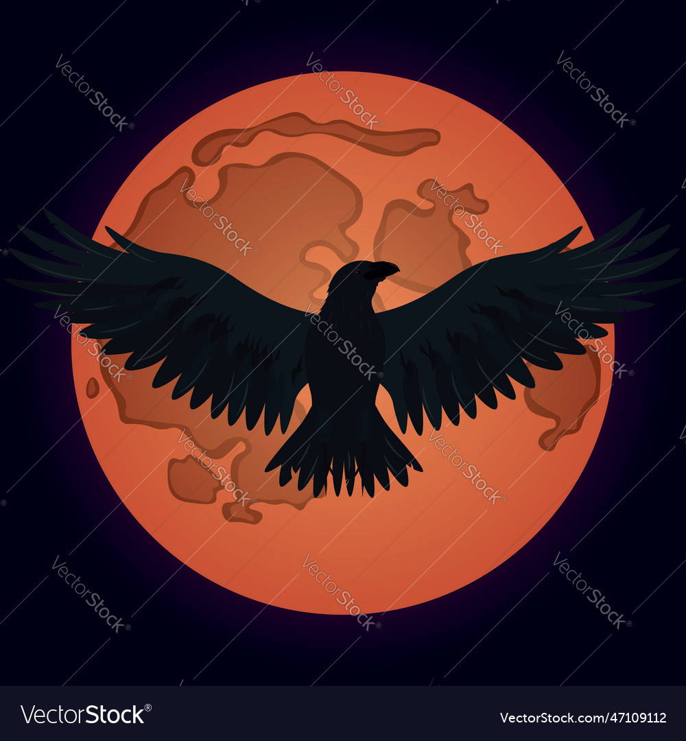 Flying black raven in a moonlight of the red full
