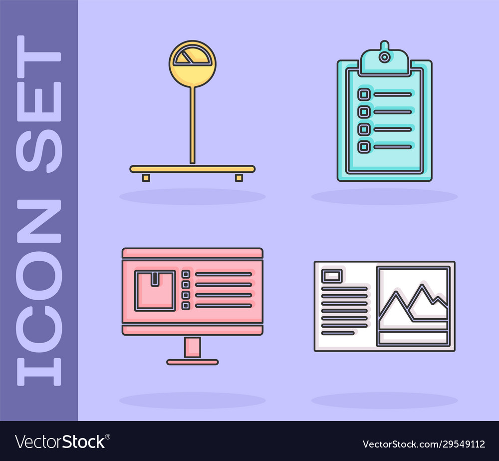 Set postcard scale computer monitor with app vector image Set postcard scale computer monitor with app