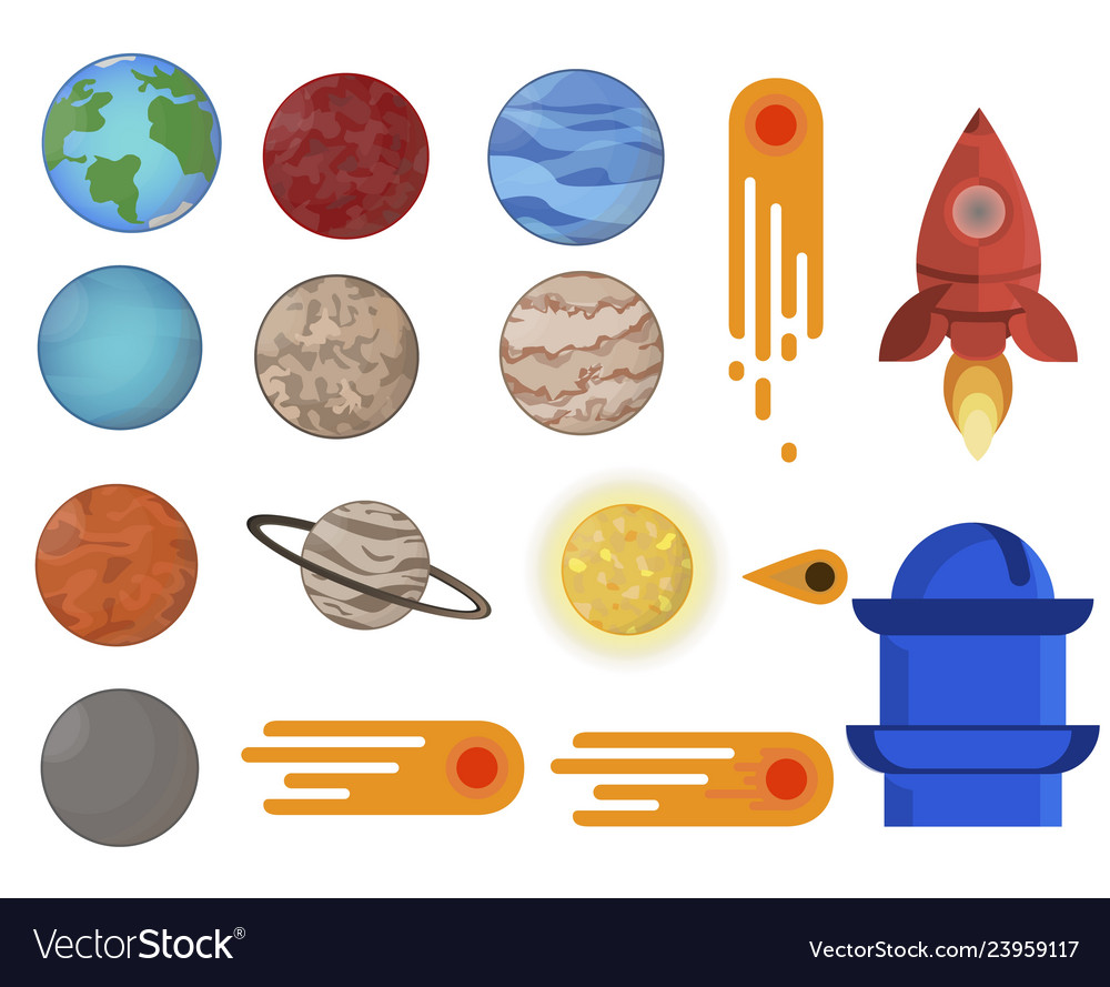 Flat space setkit with planets comets rocket