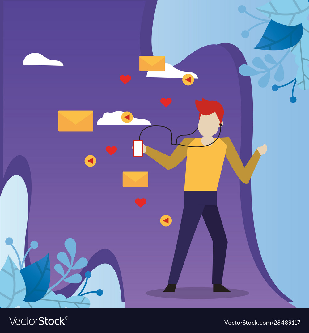 Man using smartphone with social media app vector image Man using smartphone with social media app