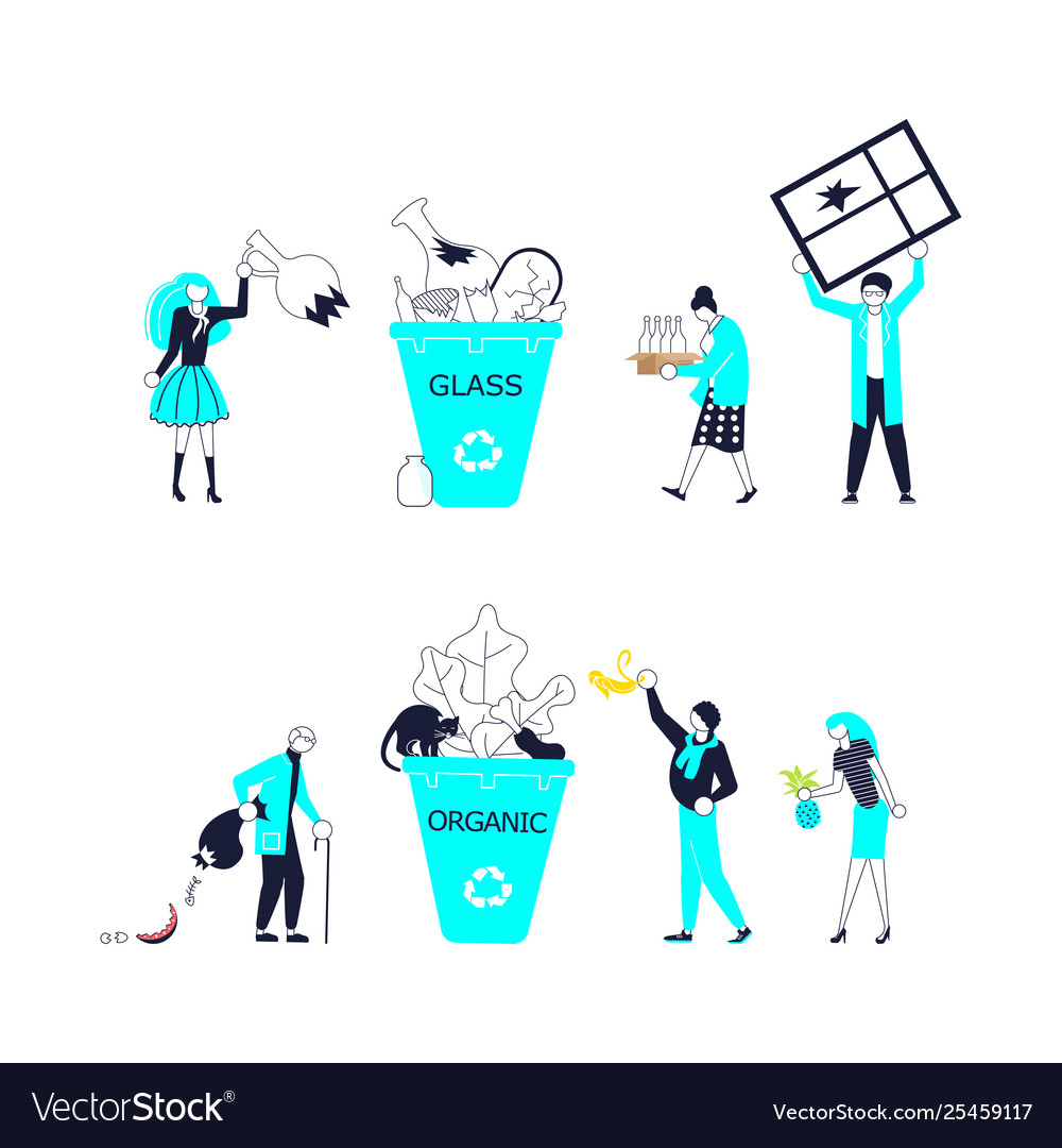 Small people characters throw garbage in container