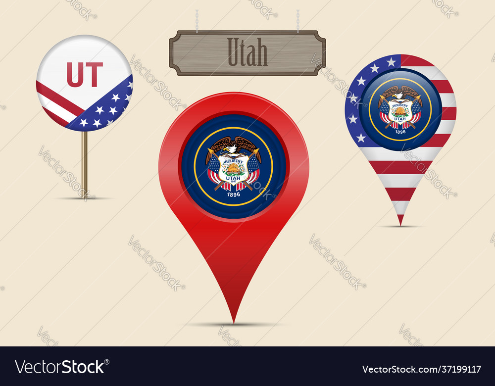 Utah us state round flag map pin red marker