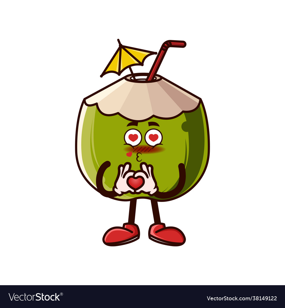 Cute coconut character with love emote fruit