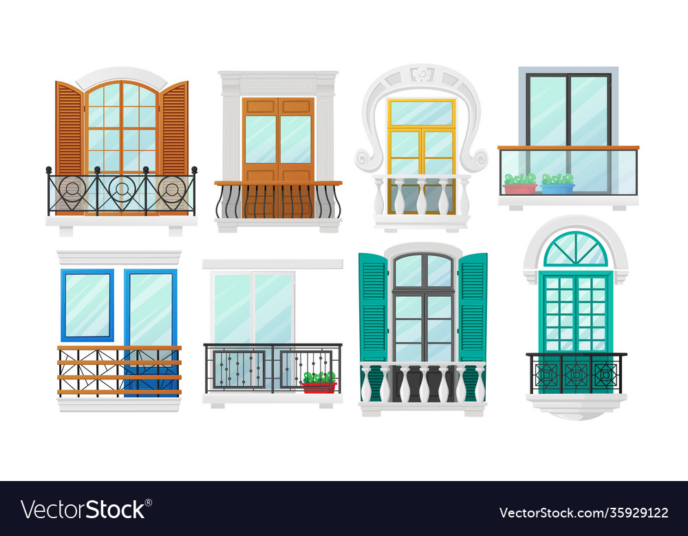 Set balconies with windows wooden shutters Vector Image Set balconies with windows wooden shutters