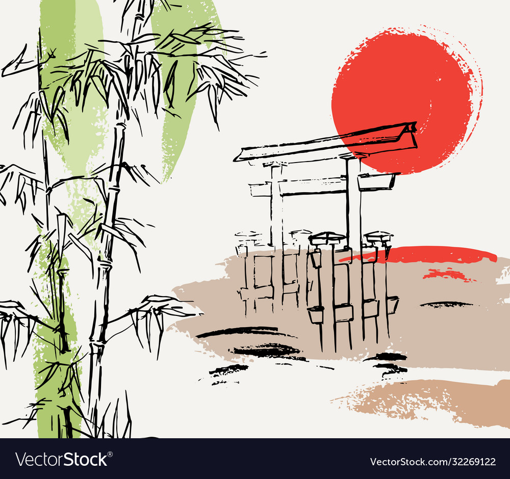 Sunset composition with bamboo japanese gate Vector Image