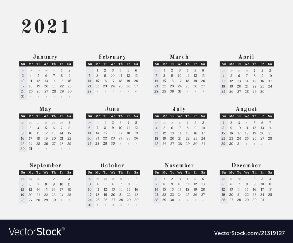 2021 Year Calendar Horizontal Design Royalty Free Vector