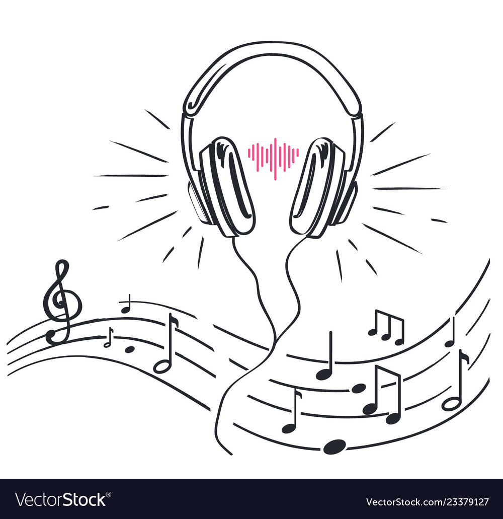 Headphones sheet music notes monochrome sketches Vector Image