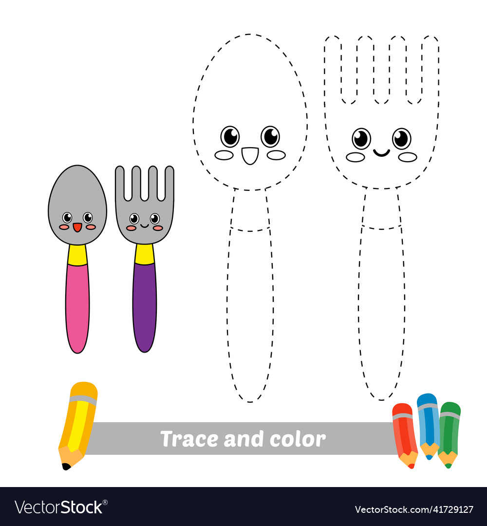 Trace and color for kids spoon fork Royalty Free Vector