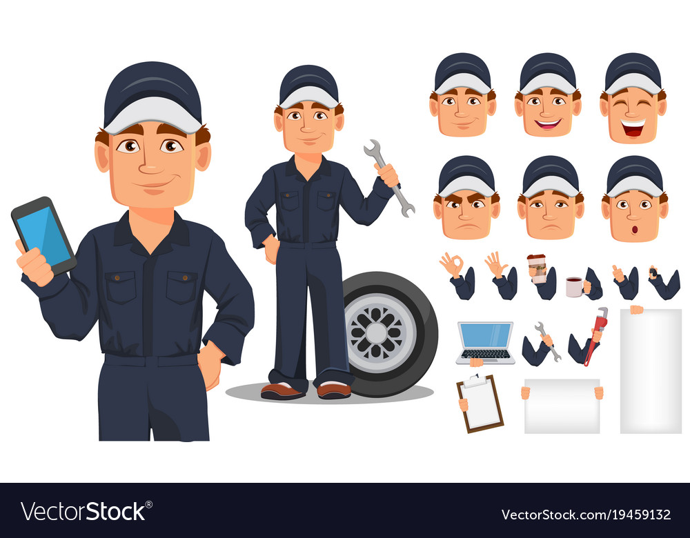 Professional auto mechanic cartoon character