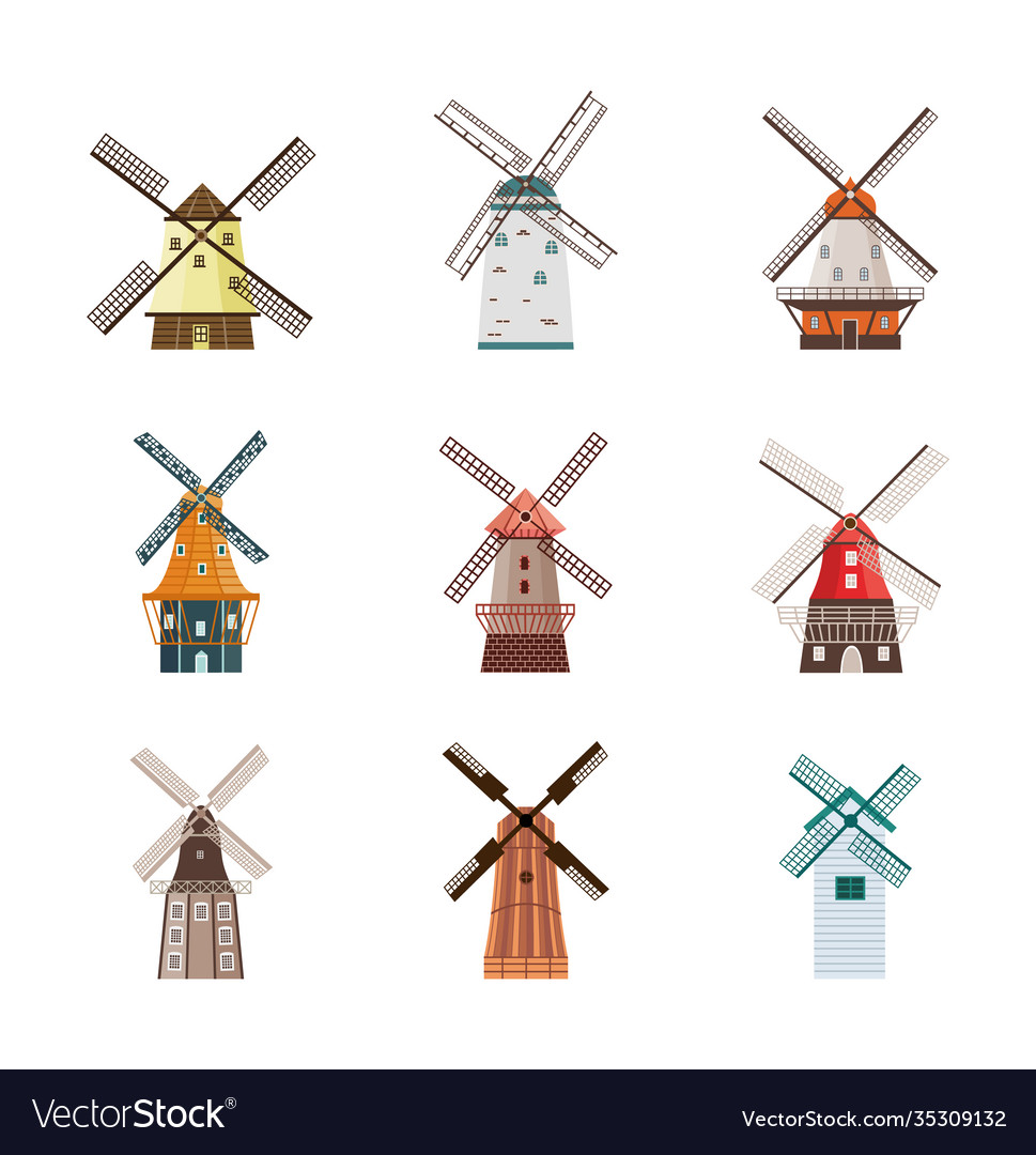 Set colorful cartoon windmills icons flat