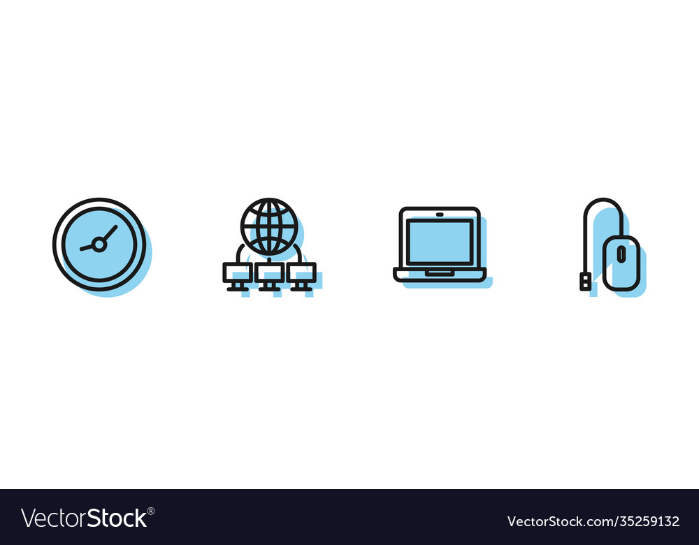 Set line laptop clock computer network and mouse vector image Set line laptop clock computer network and mouse