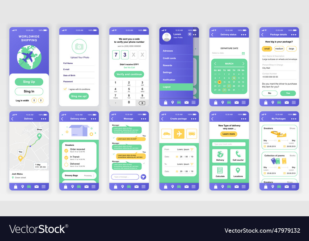 Set of ui ux gui screens delivery app flat design