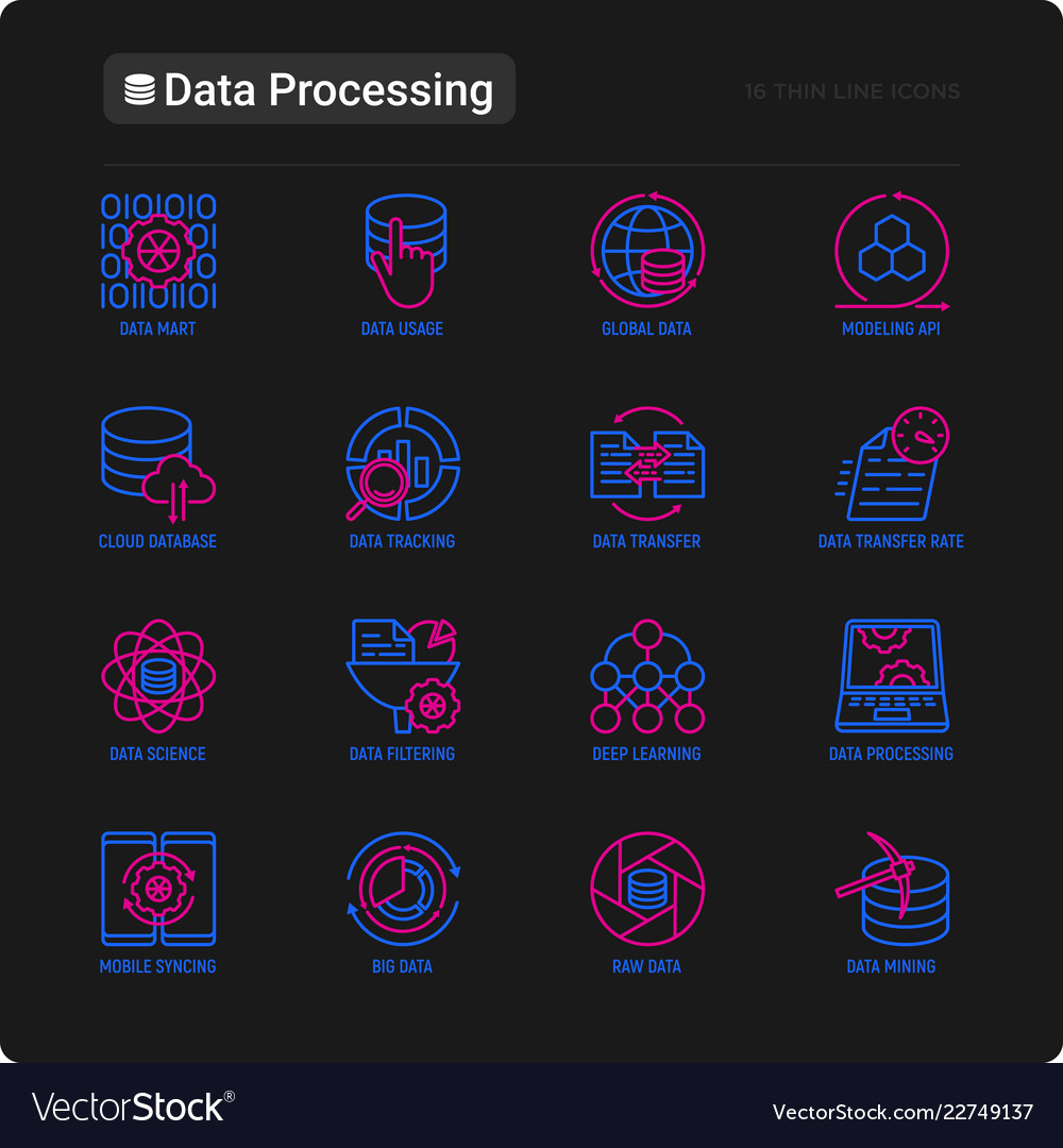 Datenverarbeitung Dünne Liniensymbole Set