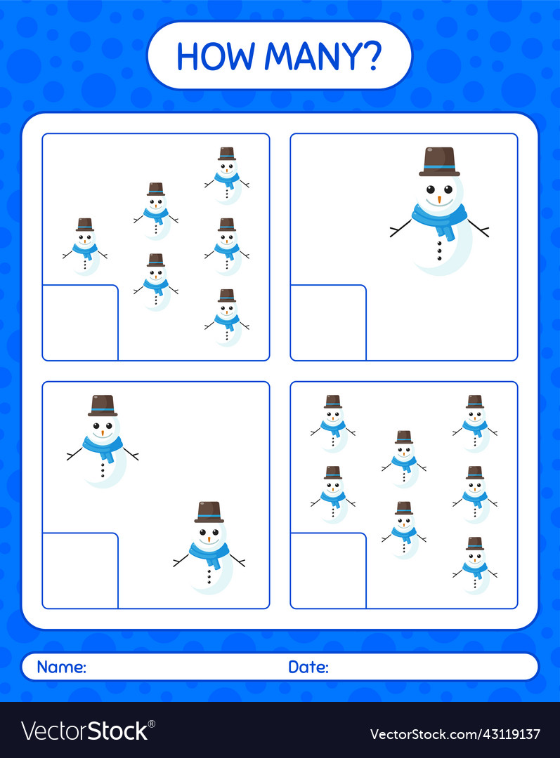 How many counting game with snowman worksheet Vector Image How many counting game with snowman worksheet