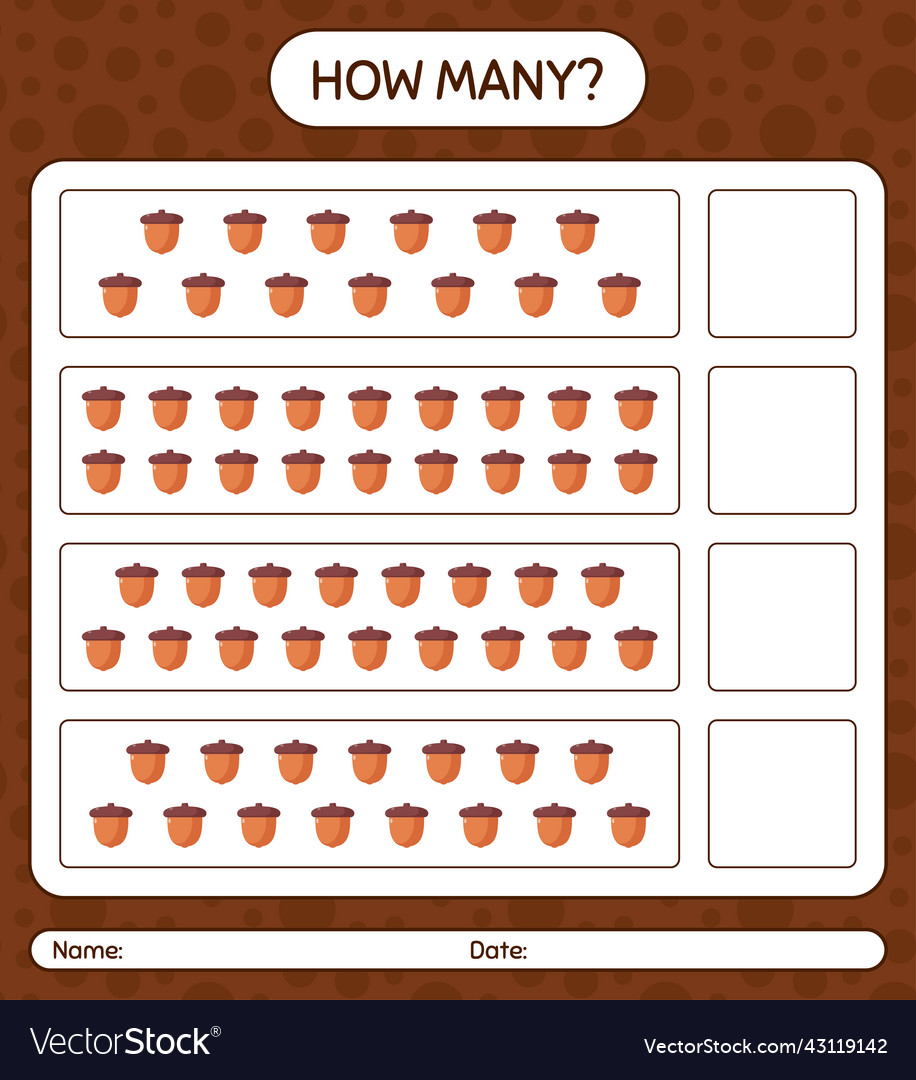 How many counting game with acorn worksheet vector image How many counting game with acorn worksheet