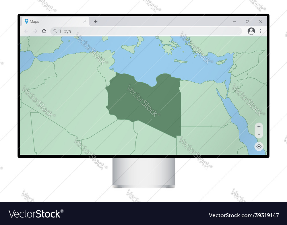 Computer monitor with map of libya in browser
