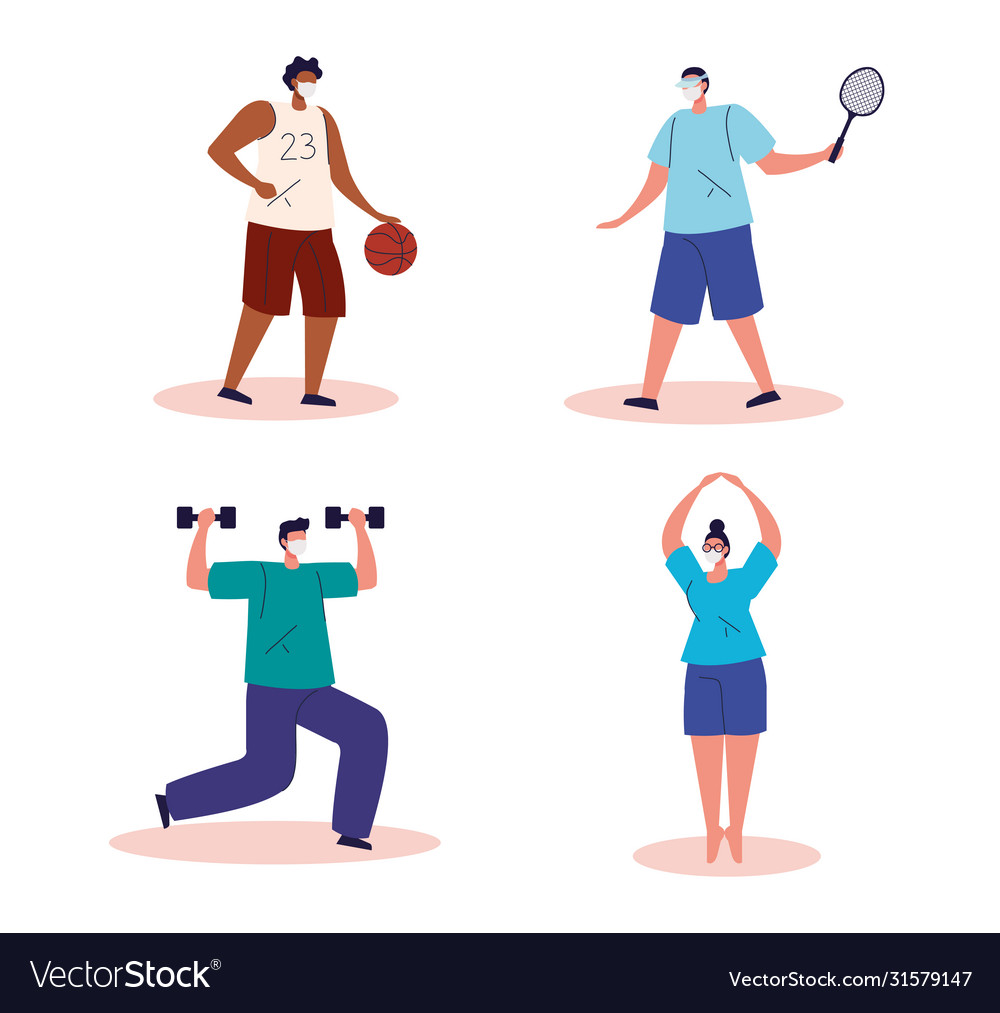Group people practicing exercise using face