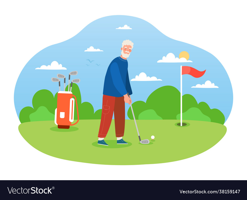 Male grau pensioner spielt golf auf pastime