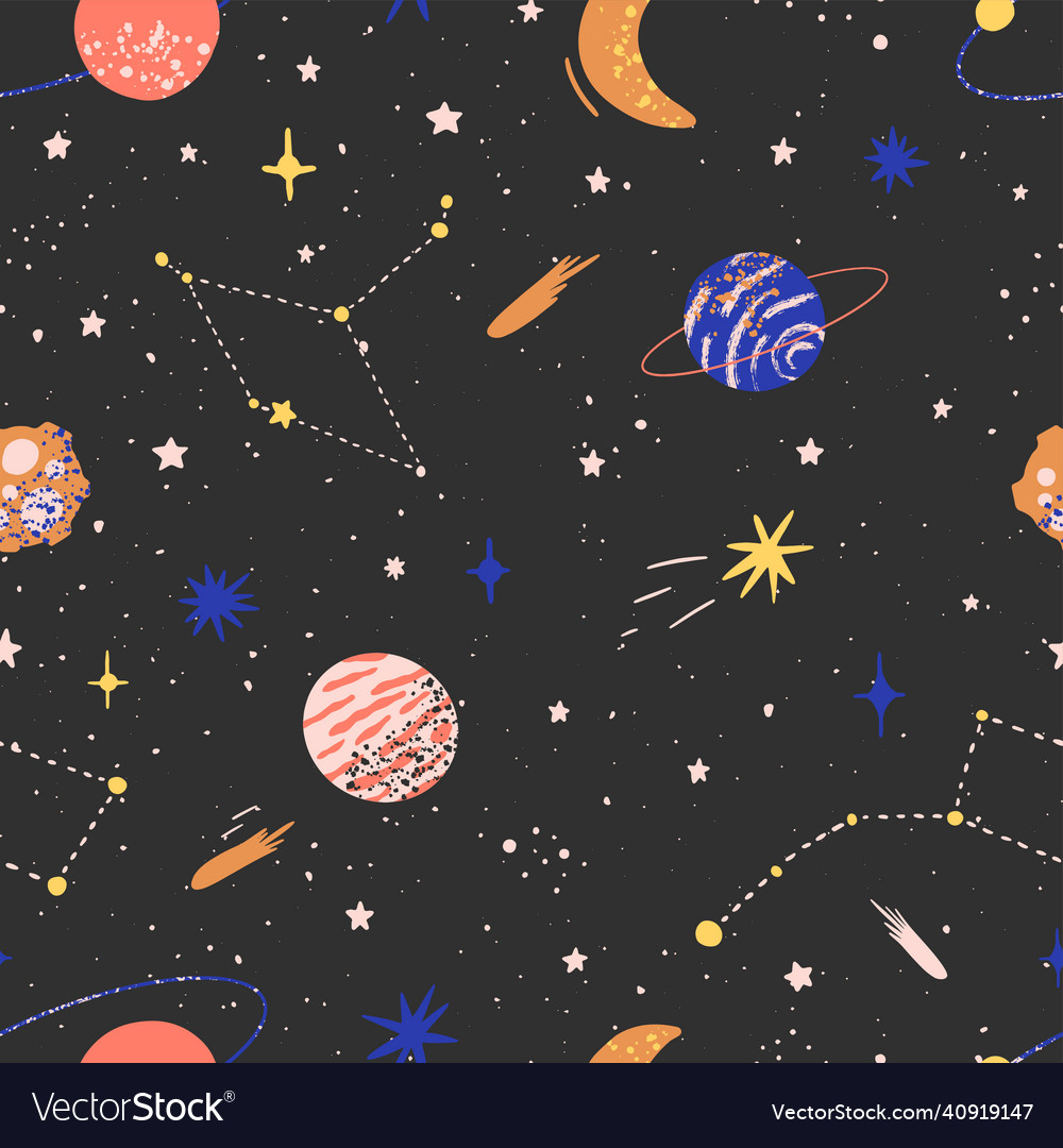 Seamless pattern with hand drawn space elements