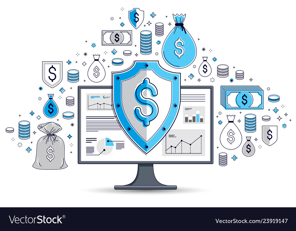 Shield over computer monitor and dollar set vector image Shield over computer monitor and dollar set