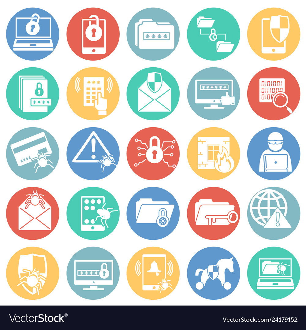 Cyber security icons set on color circles white Vector Image