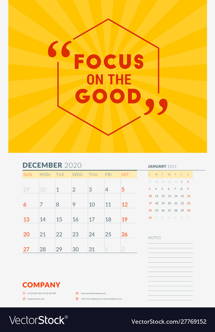 Wall calendar template for december 2020 design