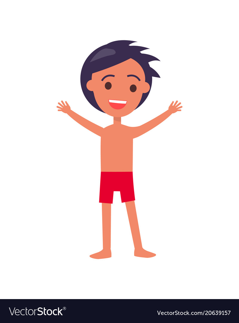 Brunette boy in swim suit raises hands up