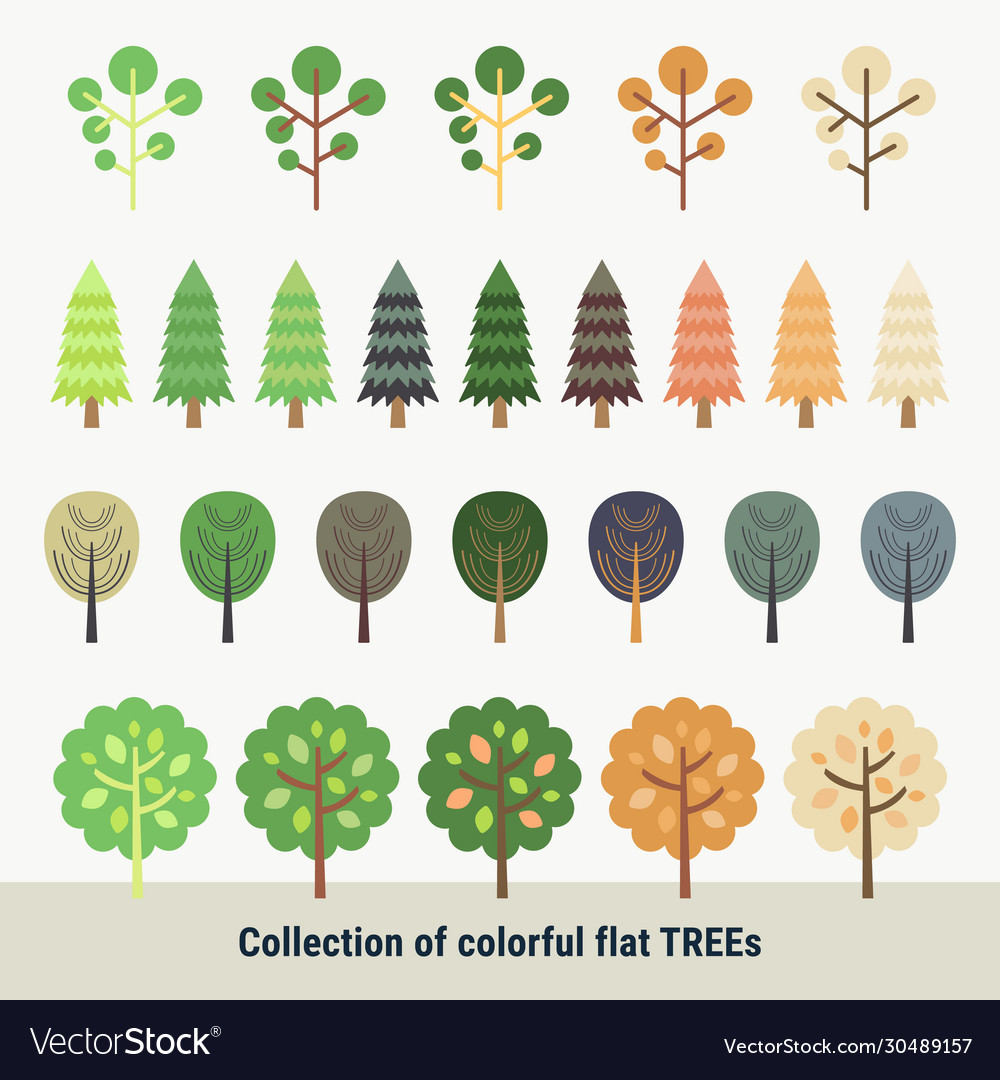 Collection colorful flat trees different shape vector image Collection colorful flat trees different shape