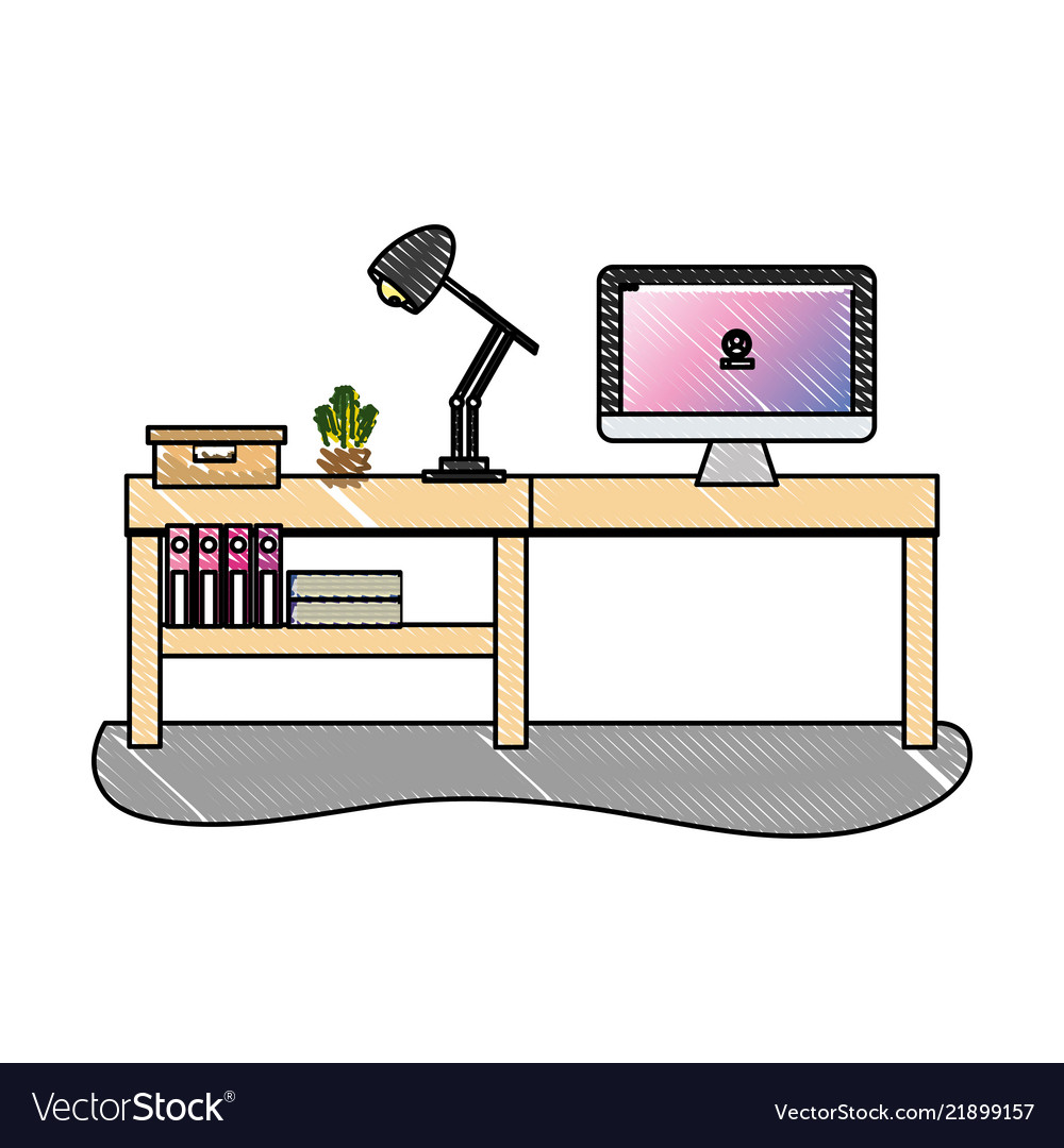 Grated office desk with computer and lamp