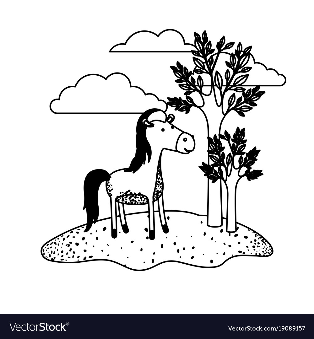 Horse cartoon in outdoor scene with trees