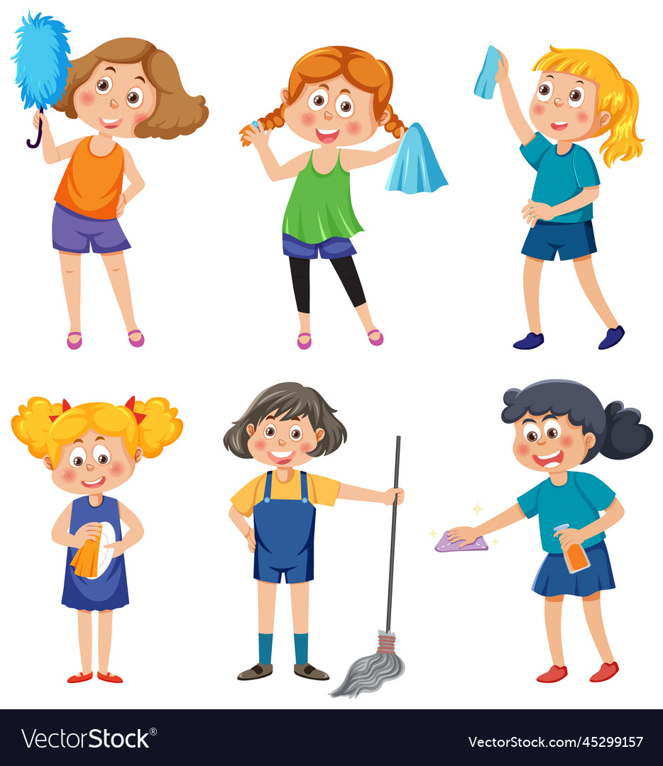 Kids cleaning at home set Royalty Free Vector Image