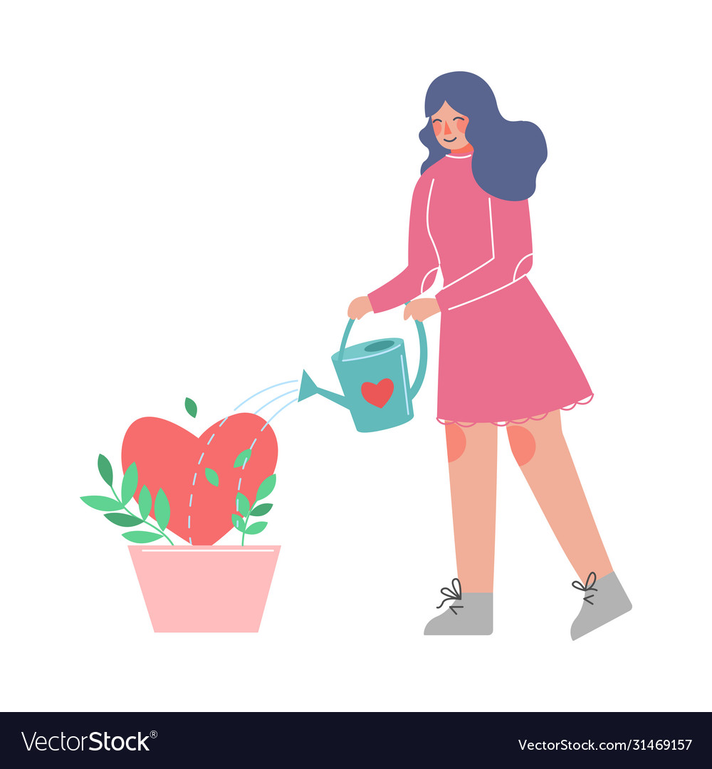 Young woman watering heart growing in flower pot