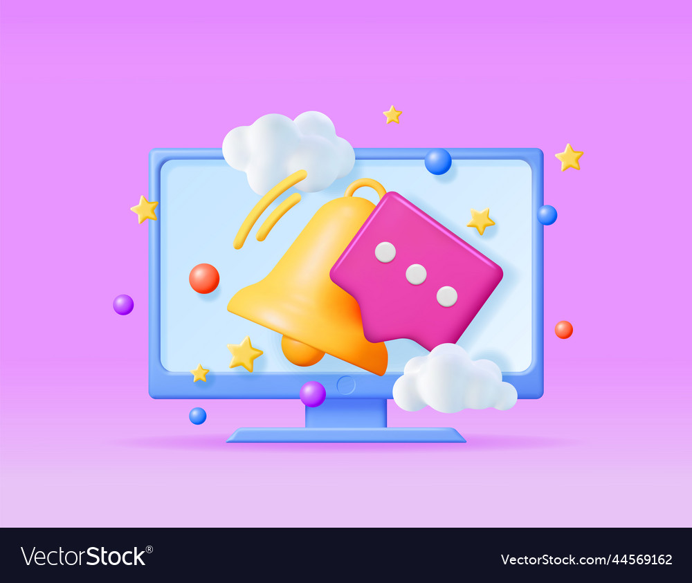 3d notification popup with bell in computer vector image 3d notification popup with bell in computer