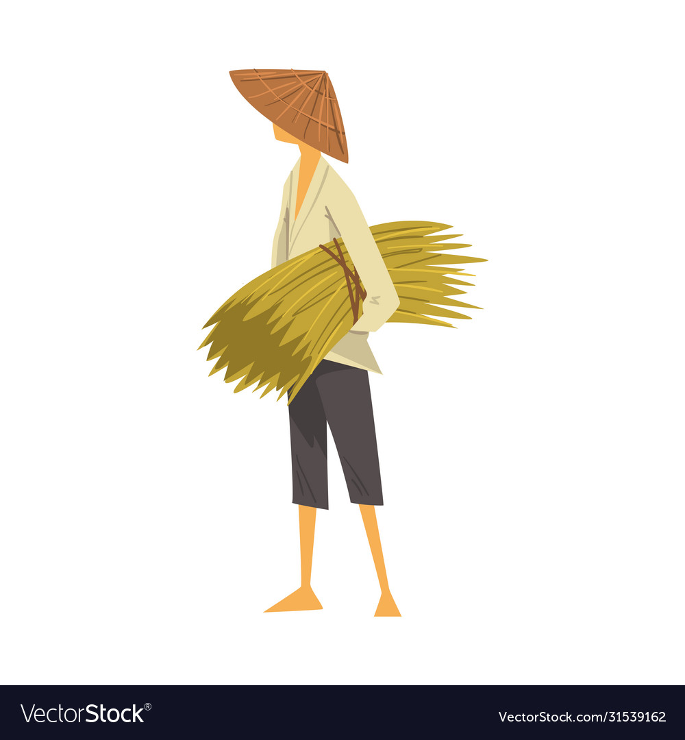 Asian farmer in straw conical hat carrying bundle Vector Image