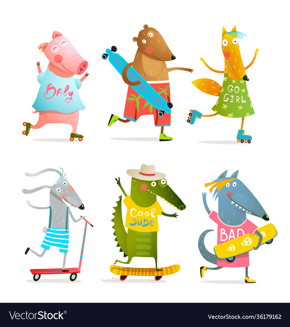 Cool animals skating and skateboarding collection vector image Cool animals skating and skateboarding collection