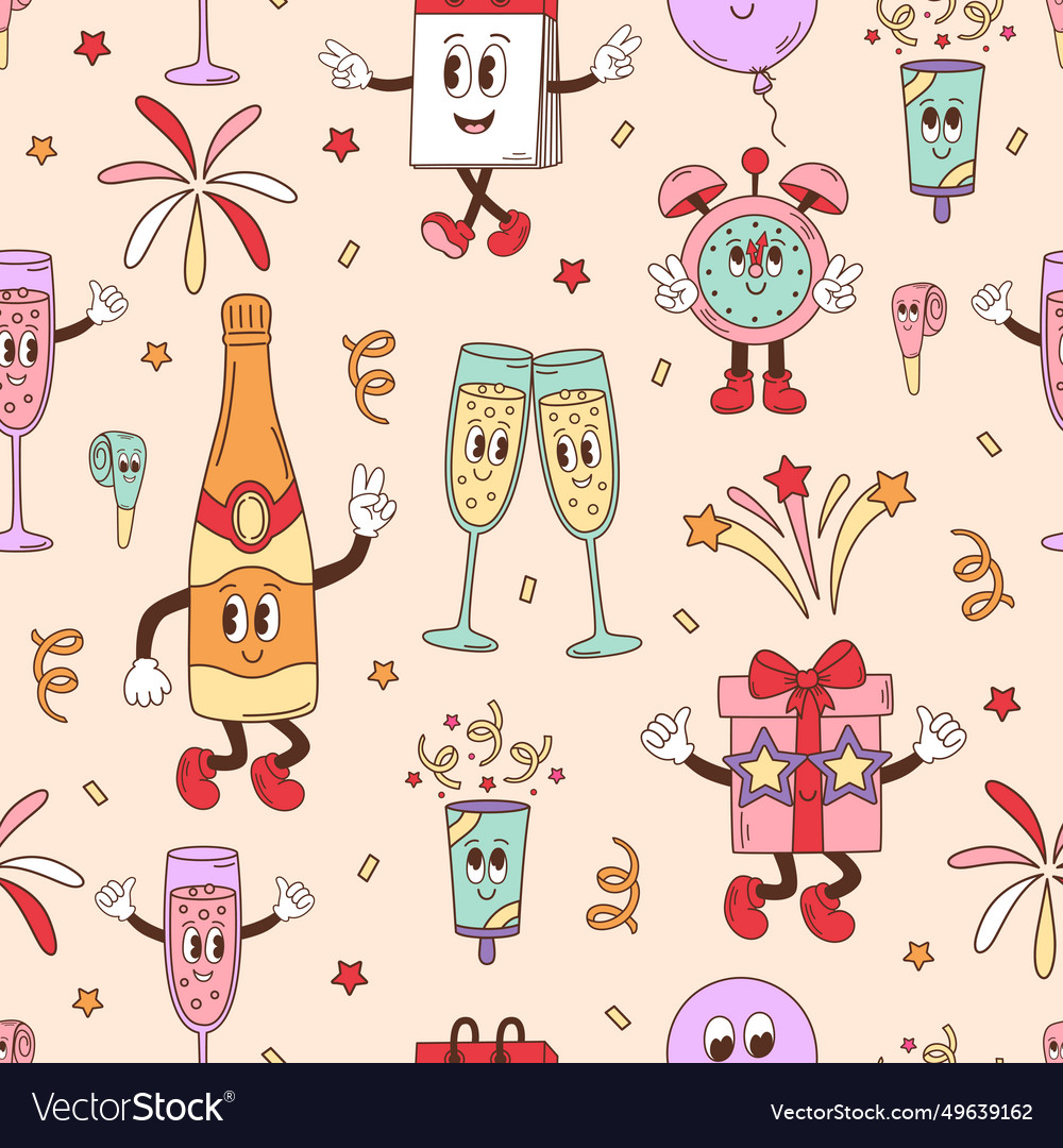 Seamless pattern with groovy new year elements vector image Seamless pattern with groovy new year elements